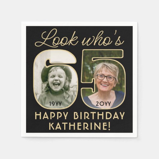 Kijk Wie is 65 Zwart & Goud Gelukkige Verjaardag 2 Servet (Voorkant)