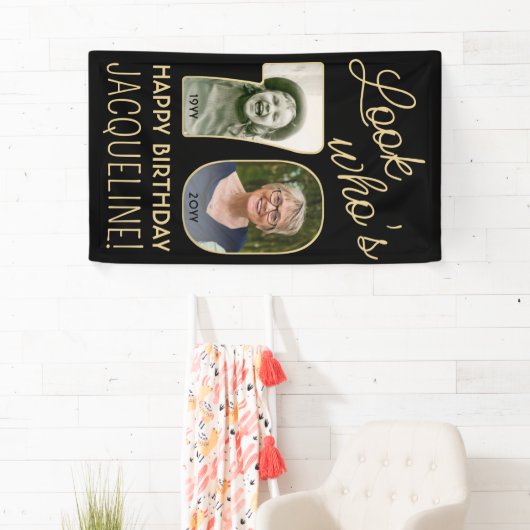 Kijk wie is 70 Zwart & Goud 2 Foto Verjaardagsfees Spandoek (Insitu)