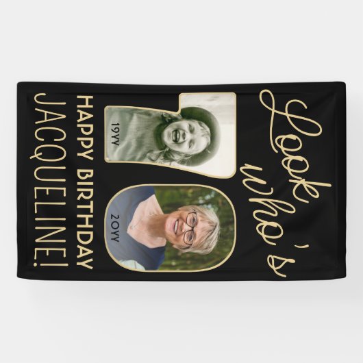 Kijk wie is 70 Zwart & Goud 2 Foto Verjaardagsfees Spandoek (Horizontaal)