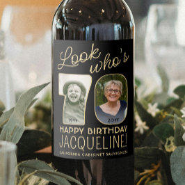 Kijk wie is 70 Zwart & Goud 2 Foto Verjaardagsfees Wijn Etiket