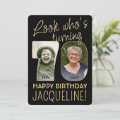 Kijk Wie is 70 Zwart & Goud Verjaardagsfeest 2 Fot Kaart (Staand voorkant)