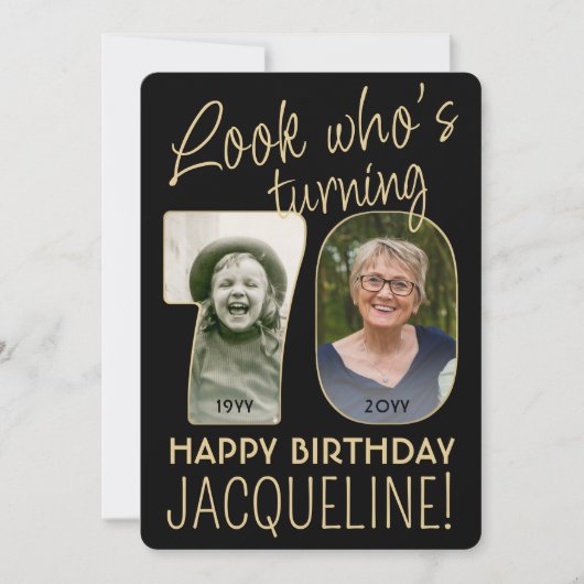Kijk Wie is 70 Zwart & Goud Verjaardagsfeest 2 Fot Kaart (Voorkant)