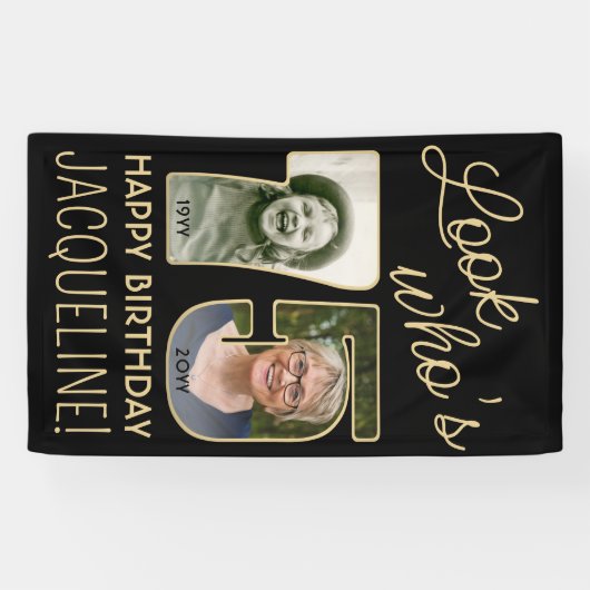 Kijk wie is 75 Zwart & Goud 2 Foto Verjaardagsfees Spandoek (Horizontaal)