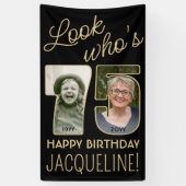 Kijk wie is 75 Zwart & Goud 2 Foto Verjaardagsfees Spandoek (Verticaal)