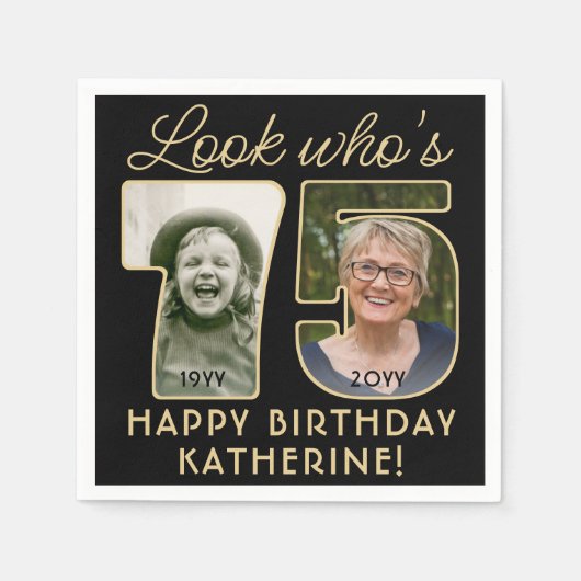 Kijk Wie is 75 Zwart & Goud Gelukkige Verjaardag 2 Servet (Voorkant)
