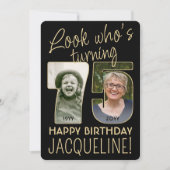 Kijk Wie is 75 Zwart & Goud Verjaardagsfeest 2 Fot Kaart (Voorkant)