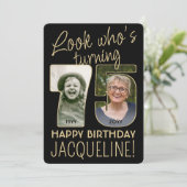 Kijk Wie is 75 Zwart & Goud Verjaardagsfeest 2 Fot Kaart (Staand voorkant)