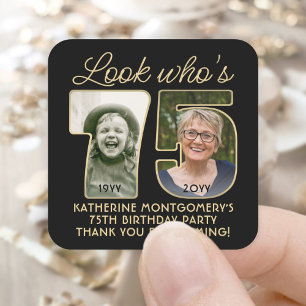 Kijk Wie is 75 Zwart & Goud Verjaardagsfeest 2 Fot Vierkante Sticker