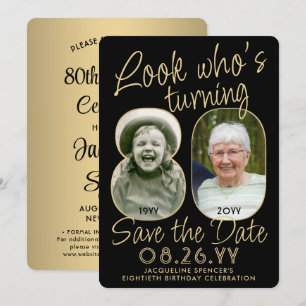 Kijk wie is 80 Zwart & Goud 2 Foto Verjaardagsfees Save The Date