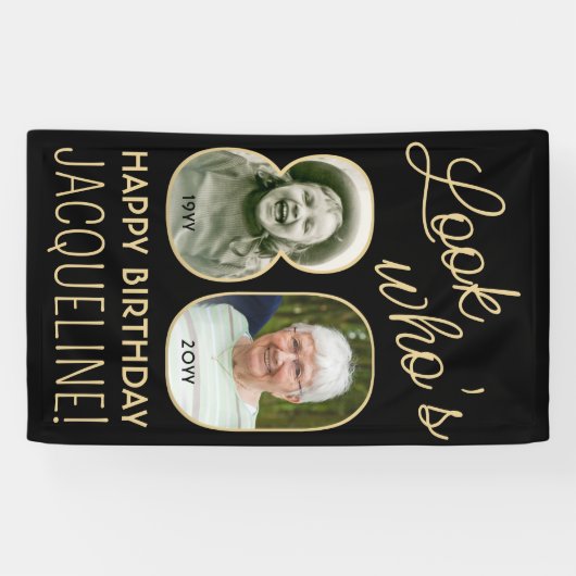 Kijk wie is 80 Zwart & Goud 2 Foto Verjaardagsfees Spandoek (Horizontaal)