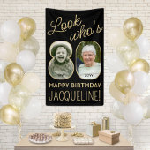 Kijk wie is 80 Zwart & Goud 2 Foto Verjaardagsfees Spandoek