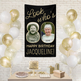 Kijk wie is 80 Zwart & Goud 2 Foto Verjaardagsfees Spandoek