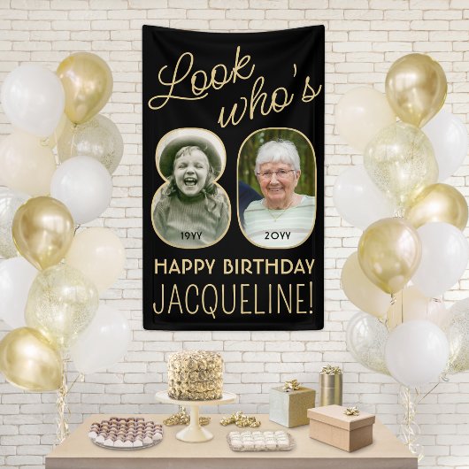 Kijk wie is 80 Zwart & Goud 2 Foto Verjaardagsfees Spandoek