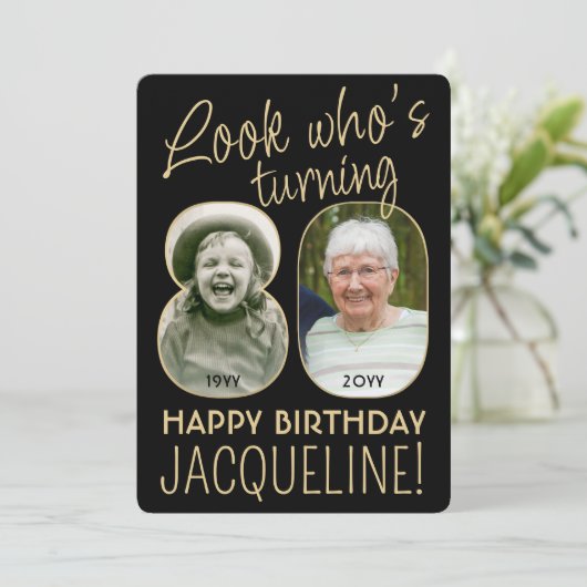 Kijk Wie is 80 Zwart & Goud Verjaardagsfeest 2 Fot Kaart (Staand voorkant)