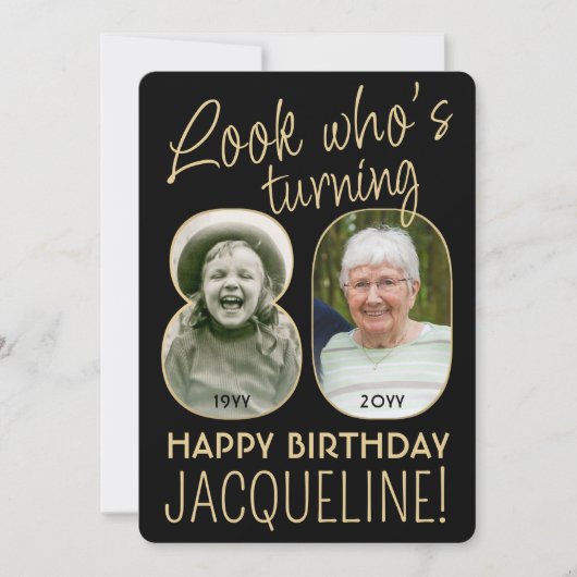 Kijk Wie is 80 Zwart & Goud Verjaardagsfeest 2 Fot Kaart (Voorkant)