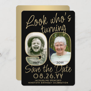 Kijk Wie is 90 Zwart & Goud 2 Foto Verjaardagsfees Save The Date
