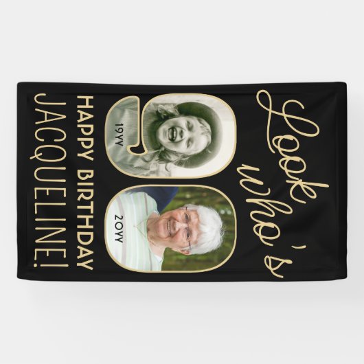 Kijk Wie is 90 Zwart & Goud 2 Foto Verjaardagsfees Spandoek (Horizontaal)