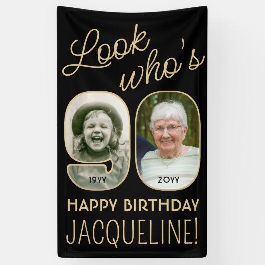 Kijk Wie is 90 Zwart & Goud 2 Foto Verjaardagsfees Spandoek (Verticaal)