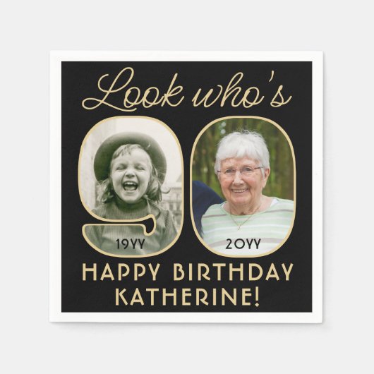 Kijk Wie is 90 Zwart & Goud Gelukkige Verjaardag 2 Servet (Voorkant)
