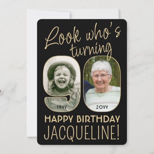 Kijk Wie is 90 Zwart & Goud Verjaardagsfeest 2 Fot Kaart (Voorkant)