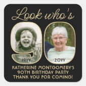 Kijk Wie is 90 Zwart & Goud Verjaardagsfeest 2 Fot Vierkante Sticker (Voorkant)