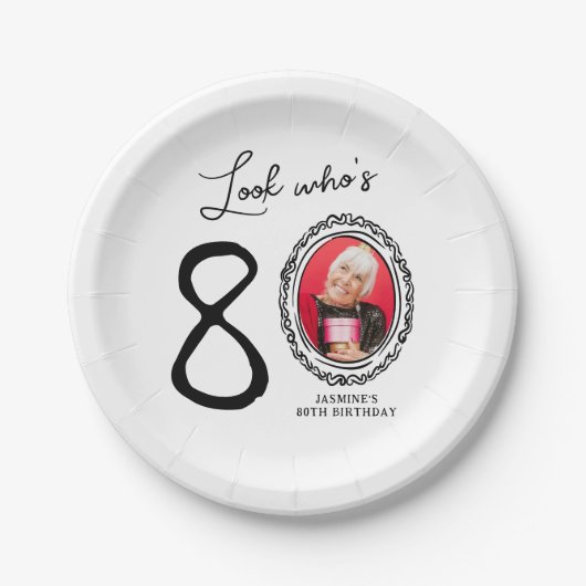 Kijk wie tachtig foto 80ste verjaardag papieren bordje (Voorkant)