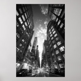 Kijken skyward in een wolkenkrabber canyon B&W fot Poster
