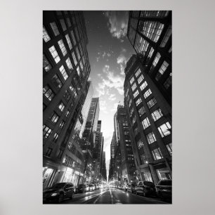 Kijken skyward in een wolkenkrabber canyon B&W fot Poster