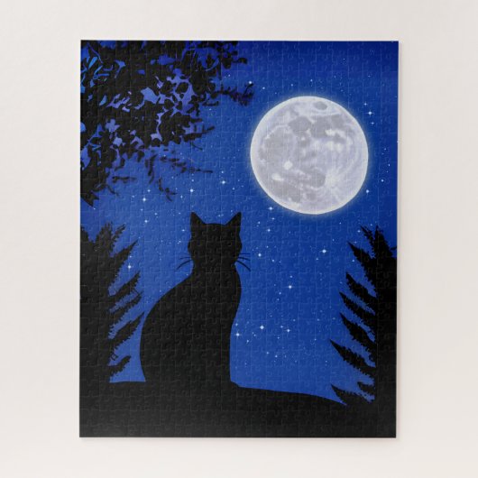 Kijkende kat naar de volle maan legpuzzel (Verticaal)