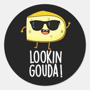 Kijkijkend Gouda Funny Cheese Pun Dark BG Ronde Sticker
