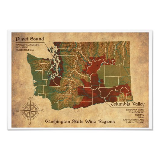  kijkplaats Washington State Wine Region Map Foto Afdruk (Voorkant)