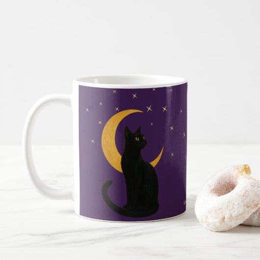 Kijkwijzer van de nacht - Halloween Black Cat Kaar Koffiemok (Met donut)