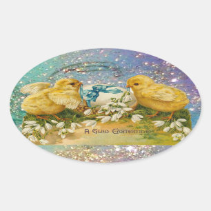 KIKENS, STROMEN, EENVOUDIGERE EGG IN GOUDE BLAUWE OVALE STICKER