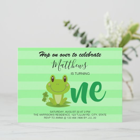 Kikker 1 verjaardagsfeestje strepen Uitnodiging (Staand voorkant)