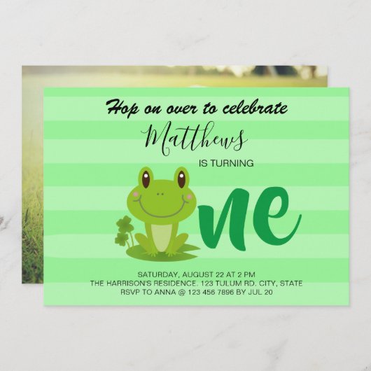 Kikker 1 verjaardagsfeestje strepen Uitnodiging (Voorkant / Achterkant)