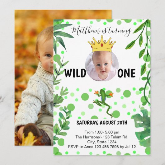 Kikker 1 verjaardagsprins baby kinder partij kaart (Voorkant / Achterkant)