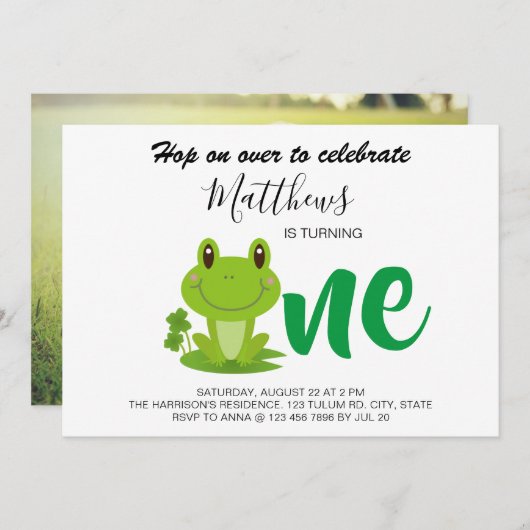 Kikker 1e verjaardag moderne kinder uitnodiging (Voorkant / Achterkant)
