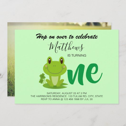 Kikker 1e verjaardag moderne kinder uitnodiging (Voorkant / Achterkant)