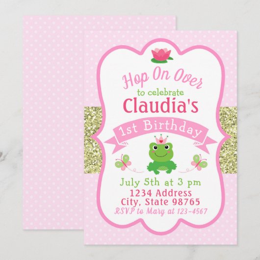 Kikker 1st Birthday Uitnodiging (Voorkant / Achterkant)