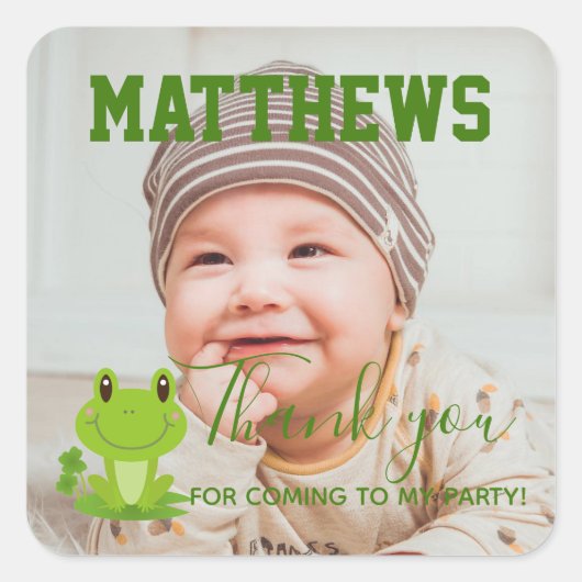Kikker 1ste verjaardag Dank u voor foto van feeste Vierkante Sticker (Voorkant)