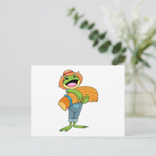 Kikker als boer met stro briefkaart (Staand voorkant)