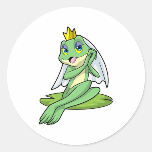 Kikker als bruid op bruiloft met kroon ronde sticker (Voorkant)