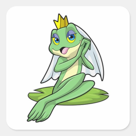 Kikker als bruid op bruiloft met kroon vierkante sticker (Voorkant)