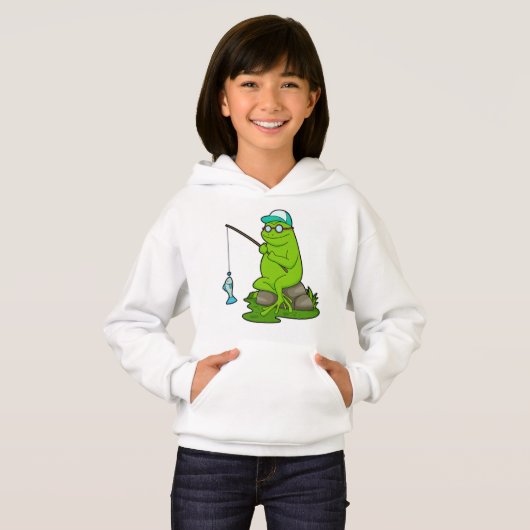 Kikker als Fisher met Geviste staaf en vis (Voorkant volledig)