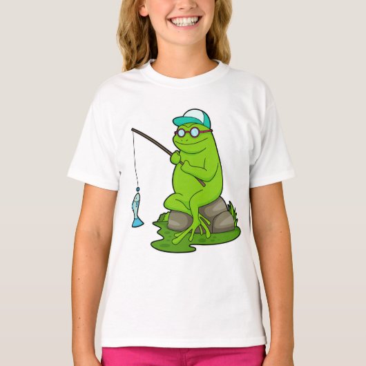 Kikker als Fisher met Geviste staaf en vis T-shirt (Voorkant)