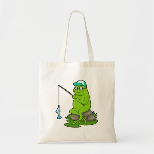 Kikker als Fisher met Geviste staaf en vis Tote Bag (Voorkant)