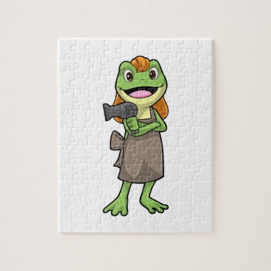 Kikker als hairdresser met hairdryer legpuzzel (Verticaal)