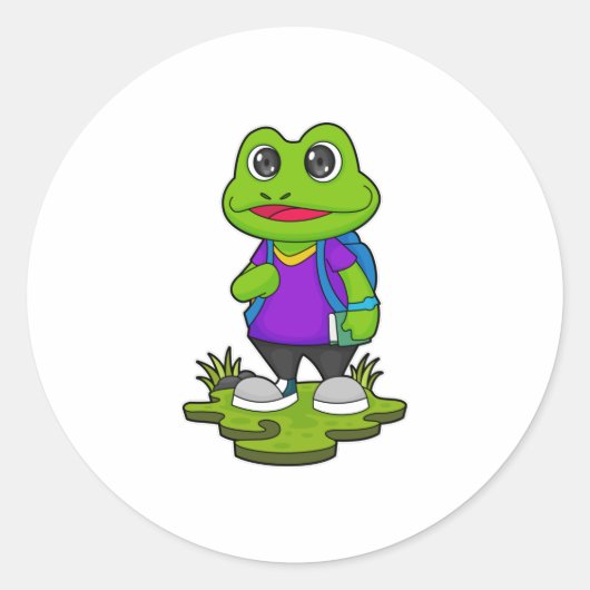 Kikker als Hiker met rugzak Ronde Sticker (Voorkant)