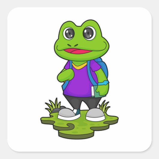 Kikker als Hiker met rugzak Vierkante Sticker (Voorkant)