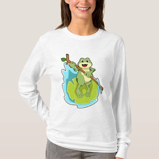 Kikker als Hiker met stok T-shirt (Voorkant)